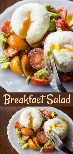 breakfast salad with eggs, tomatoes and avocado on a white plate next to a fork