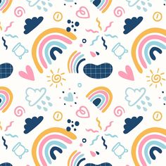 an abstract pattern with rainbows and clouds on a white background, suitable for wallpaper or fabric