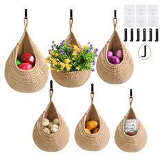 four hanging baskets filled with different types of fruits and vegetables, each containing an egg