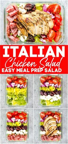 the italian chicken salad is ready to be served in plastic containers with tomatoes, lettuce and other vegetables