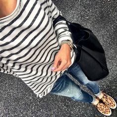 IG @mrscasual <click through to shop this look> Nordstrom striped sweatshirt. Vigoss destroyed skinny jeans. Steve madden eccentric leopard slip on sneakers. Black tote bag. Fall Jeans Outfit Casual, Fall Jeans Outfit, Leopard Shoe, Leopard Slip On Sneakers, Nordstrom Jeans, Striped Sweatshirt, Leopard Sneakers, Vegan Leather Tote