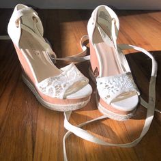 Lace Up, Lace Wedges, Never Worn Lace Wedges, White Wedges, White Cream, Cream White, Shoes Women Heels, Shoes Heels, Wedges, Lace Up, Size 6