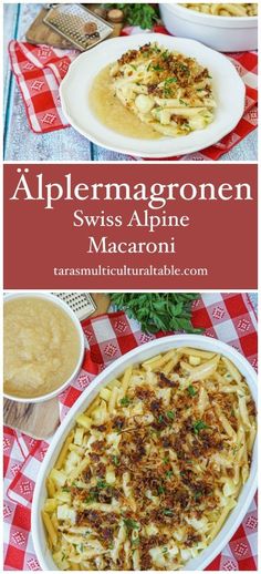 Älplermagronen (Swiss Alpine Macaroni) in a white casserole dish and on a white plate. Swiss Cuisine, Macaroni Recipe, Pioneer Woman Meatloaf, Swiss Recipes, Swiss Switzerland, Macaroni Recipes, Austrian Recipes, Cubed Potatoes, European Cuisine