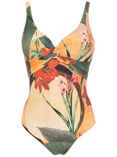 yellow/multicolour all-over floral print twist detailing at the chest V-neck thin shoulder straps detachable rear strap scoop back stretch-design Be mindful to try on swimwear over your own garments Swimsuit Yellow, One Piece Swim Suits, Yellow Swimsuits, Scuba Dive, Back Stretches, Just Keep Swimming, Keep Swimming, One Piece Swim, Beach Wears