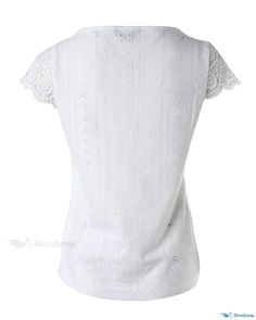 OrcaJump - Stylish Buttoned T-shirt with Delicate Eyelet Embroidery and Lace Patch Fitted Lace Top Crew Neck T-shirt, Summer Short Sleeve T-shirt With Lace Top, Summer Lace Top T-shirt With Crew Neck, Fitted Lace Top T-shirt With Short Sleeves, Summer Lace Top Short Sleeve T-shirt, Fitted Lace Top Short Sleeve T-shirt, White Embroidered Short Sleeve Lace Top, Fitted Cotton Lace Top With Short Sleeves, Fitted Casual T-shirt With Lace Top