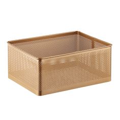 a gold metal basket with holes on the bottom and sides, in front of a white background