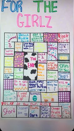 a board game for the girlz with words written on it and colorful squares in different colors