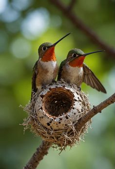 two hummingbirds sitting on top of a nest