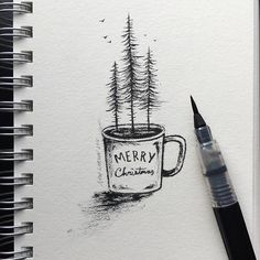 a drawing of a coffee cup with trees in it and merry christmas written on the mug