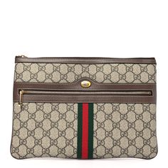 This is an authentic GUCCI GG Supreme Monogram Large Ophidia Pouch Clutch in Brown. This chic pouch is finely crafted of brown on beige Gucci GG monogram coated canvas with a web stripe detail, front zipper pocket and polished gold hardware. The zippered top opens to a beige microfiber interior. Gg Monogram, Gold Hardware, Front Zipper, Zipper Pocket, Pouch, Monogram, Gucci, Zipper, Canvas