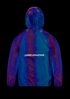 Reflective iridescent windbreaker in 4-way stretch knit back nylon with reflective Cyber Athletics print and adjustable shoulder blade ventilation using zippers with attachable Cyber Athletics jacquard lanyard straps (sold separately) with H4X branded snap hooks. Lanyard, Knitting