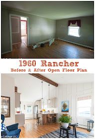 before and after photos of a house with hardwood flooring in the living room, kitchen and dining area