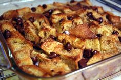 a casserole dish with chocolate chips in it