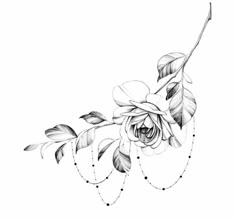 a black and white drawing of a rose on a branch with leaves in the background