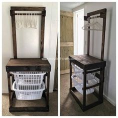 an old chair turned into a laundry hamper with two baskets on it and the top is made out of wood