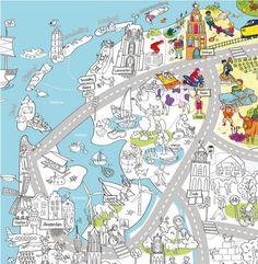 an illustrated map of the city with roads and buildings, including children's playgrounds