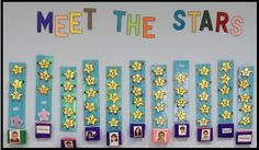 a bulletin board with pictures and words on it that say meet the stars above them