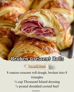 Corned beef 1 cup \n Sauerkraut 1 cup \n Swiss cheese 0.5 cup \n Crescent roll dough 1 package \n Butter 0.25 cup \n Preheat oven to 375F. Roll out dough, spread butter, layer corned beef, sauerkraut, and cheese. Roll and bake for 15-20 min. \n #ReubenRolls #EasyAppetizer #CornedBeefRecipes #SwissCheeseDelights Classic Reuben Sandwich, Reuben Sandwich Classic, Corned Beef Hash Recipe, Corned Beef Recipes, Reuben Sandwich, Crescent Roll Recipes, Roll Recipes, Crescent Roll Dough, Crescent Roll