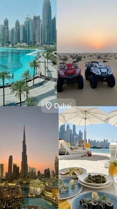 four different views of the city and beach in dubai, united arab emirates are shown