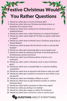 list of 20 Christmas would you rather questions Would You Rather Christmas Questions, Christmas Would You Rather, 2024 Questions, Kik Games, Conversation Games, Christmas Questions, Chat Games, Rather Questions