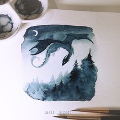 a drawing of a dragon flying through the night sky with trees and moon in the background