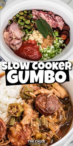 the slow cooker gumbo recipe is ready to be eaten and served with rice