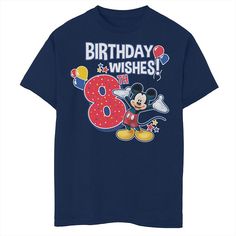 Michigan Wolverines Celebrate the birthday kiddo turning 8 with this Disney's Mickey & Friends boys' birthday graphic tee.Â© Disney Crewneck Short sleevesFABRIC & CARE Cotton Machine wash Imported Celebrate the birthday kiddo turning 8 with this Disney's Mickey & Friends boys' birthday graphic tee.Â© Disney Disney Celebrate the birthday kiddo turning 8 with this Disney's Mickey & Friends boys' birthday graphic tee. Size: X Small. Color: Navy. Gender: male. Age Group: kids. Materi Disney Mickey Mouse Tops For Birthday, Disney Cotton T-shirt For Birthdays, Mickey Mouse Crew Neck T-shirt For Birthdays, Mickey Mouse Crew Neck T-shirt For Birthday, 7th Birthday Wishes, Friends Boys, 6th Birthday, Boy Tees, 8th Birthday