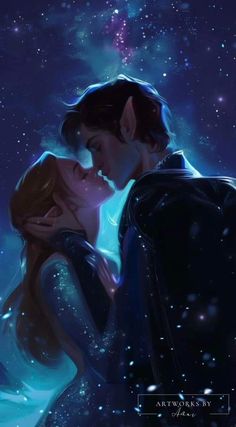 a man and woman kissing in the snow at night with stars on the sky behind them