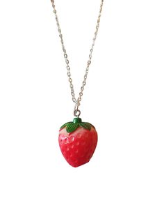 "This necklace comes with a bright red plastic strawberry charm. Each necklace comes with an 18\" silver plated chain. Please note that although all our yummy Jewellery may look like real sweets and food, it is not. Therefore we recommend keeping all these products out of the reach of small children under 5 as they may swallow them or hurt their teeth." Strawberry Necklace, Strawberry Charm, Mini Foods, Bright Red, Kitsch, Jewelry Necklace Pendant, Silver Plated, Handmade Items, Jewelry Necklaces