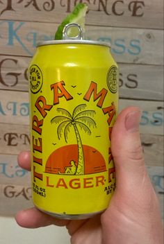 a hand holding a can of beer with a palm tree on the top and label