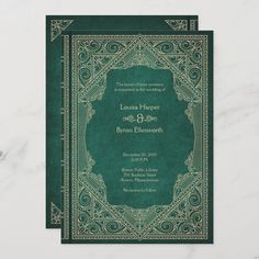 a green and gold wedding card with an ornate frame on the front, in black ink