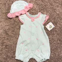 Fall In Love With This Mint And Pink Little Me Romper And Matching Hat! There’s Even A Ruffle On The Back!! Su Cute, Brand New, And Full Of Delicate Details. Cute Spring Hats For Playtime, Cute Summer Hats For Playtime, Green Summer Hats For Playtime, Green Summer Playtime Hats, Cute Green Hats For Playtime, Cute Green Hat For Playtime, Cute Green Spring Hat, Cute Fitted Hats For Playtime, Cute Fitted Hat For The Beach