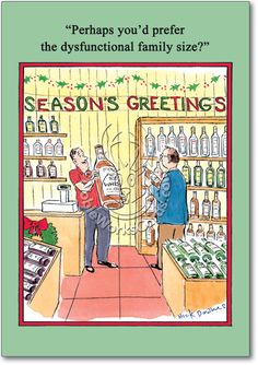 an advertisement for season's greetings with two men looking at bottles in a store