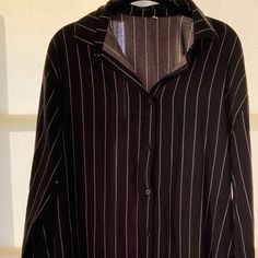 This Black Shirt Dress With White Pinstripes Is Very Versatile. I Have Worn It As A Dress And As An Oversized Blouse. Buy All And 3 For 20 Dollars And Then Resale Or Gift Them. Black Shirt With Vertical Stripes For Spring, Black Long Sleeve Blouse With Striped Collar, Casual Black Blouse With Vertical Stripes, Black Long Sleeve Blouse With Vertical Stripes, Black Casual Blouse With Vertical Stripes, Black Collared Blouse With Striped Collar, Black Blouse With Striped Collar, Black Shirt With Striped Collar For Summer, 20 Dollars