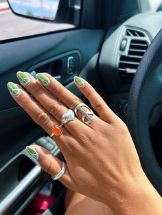 nail inspo Cute Hippie Nails, Outdoorsy Nails, Hippy Nail Designs, 70s Style Nails, Short Hippie Nails, Gen Nails, Peace Sign Nails, Sun Nails, Nail Design Glitter