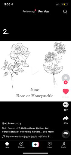 an iphone screen with the text rose or honeysuckle on it and two images of flowers