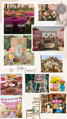 a collage of different pictures with chairs and tables in them, including flowers, decorations, and other items