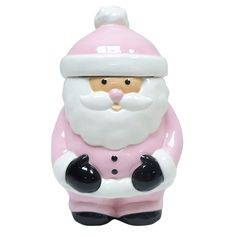 a pink and white santa clause figurine with black accents on it's chest