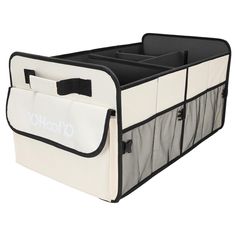 a large white and black storage bag with two compartments on the bottom, one is open