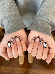 cheeta zebra star french tip nails French Tip With Zebra Print, Zebra Print French Tips, Zebra Print French Tip Nails, Star French Tip Nails, Zebra French Tip Nails, Sparkly French Tip, Nail Designs French Tip, Dec Nails