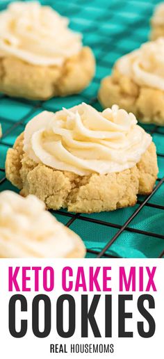 keto cake mix cookies on a cooling rack with the words, real housemoms