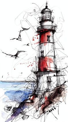 a drawing of a lighthouse with seagulls flying around it