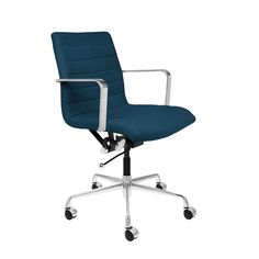 a blue office chair with wheels and casteors on an isolated white background, viewed from the front