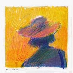 a drawing of a person with a hat on top of their head and yellow background