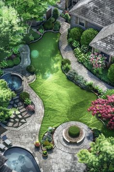 an aerial view of a small garden with a pond and gazebo in the center