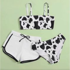 Girls' Swimwear Summer Cute Bikini Cow Print Three-Piece Swimsuit High Waist Spaghetti Strap Beach Swimming Suit Summer Outfits Design Style: The Baby Swiming Suit Has Three Packs, One Pack Swimwear And One Pack Swimming Trunks. The Swimwear Was Designed Into Sleeveless, Cow Print, Suspender Tank Tops Plus One Printed Design Swimming Trunks And Another Solid Color Swimming Trunks. Fall Baby Clothes, Baby Swimsuit, Girls Swimwear, Set Outfits, Summer Swimwear, Cute Bathing Suits, Swimming Costume, Cute Swimsuits, Cute Bikinis