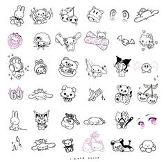 an assortment of cartoon animals drawn in ink on white paper with pink and black ink