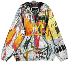 Rock your fashion game with this brand new with tags eye-catching Members Only jacket featuring the abstract art of Jean Michel Basquiat. The windbreaker is made with a softshell polyester material and comes in a size M with a regular fit. The jacket has a zip closure, elastic waist, and a hood for added protection against the elements. The lightweight jacket is perfect for all seasons and occasions, whether you're traveling or just running errands around town. It has pockets for convenient storage and is lined with polyester mesh for added comfort. The colorful and bohemian theme of the jacket makes it a must-have for any fashion-forward hipster or designer. Brand new! Ships in one day! Wool Jacket Men, Leather Varsity Jackets, Members Only Jacket, Burgundy Jacket, Reflective Jacket, Racer Jacket, Only Jeans, Jean Michel Basquiat, Jean Michel