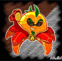 an orange with green eyes and a red bow around it's neck, wearing a mask