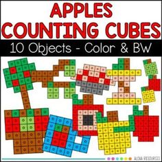 an apple themed counting cubes game with the words, apples and numbers on it